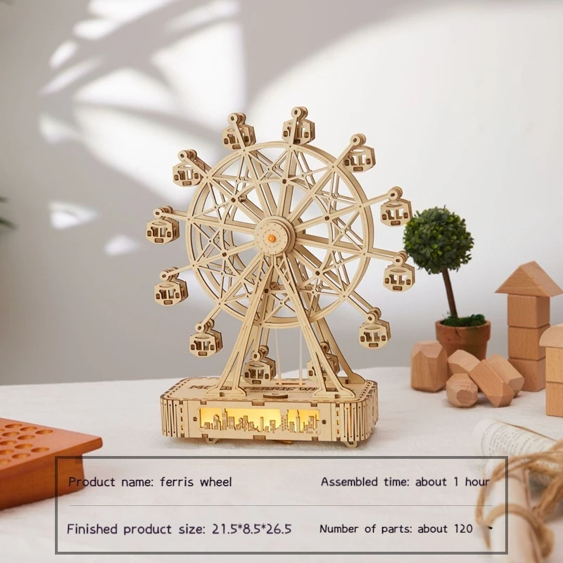 Ferris Wheel Lighting Music Box DIY Wooden Building Blocks 3d Puzzle Mechanical Model Difficult Assembly Music Box Children Gift