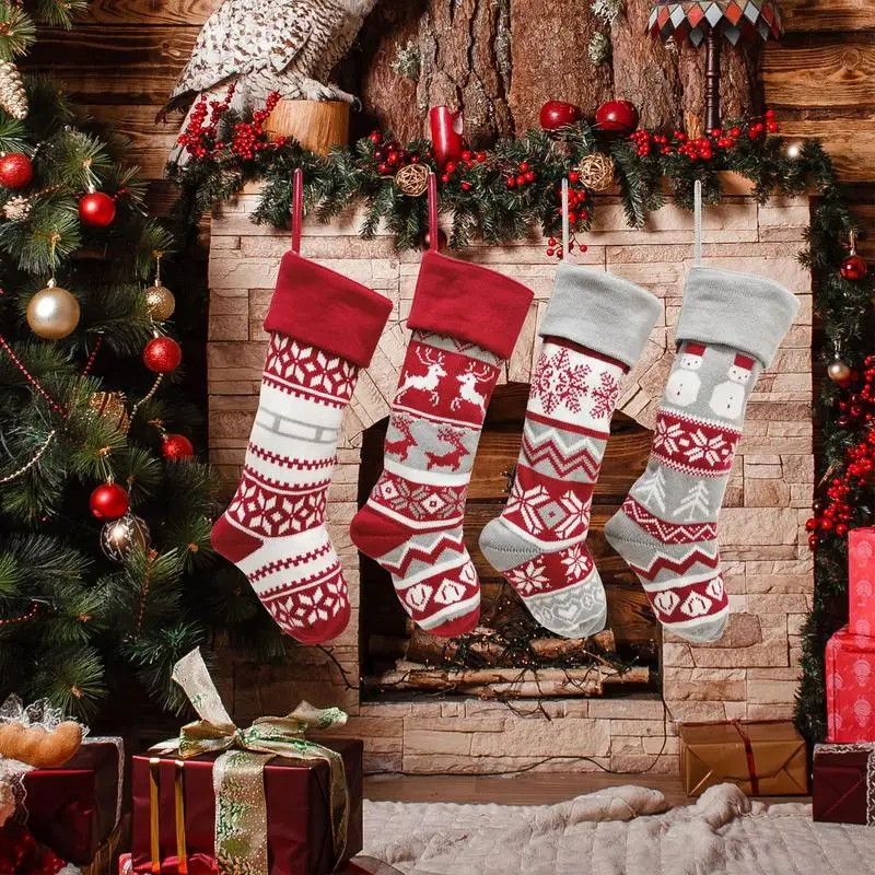 Hung Fireplace Farmhouse Knitted Elk Snowflake Stockings Christmas decoration wool socks  Knitted Christmas Stocking For Holiday