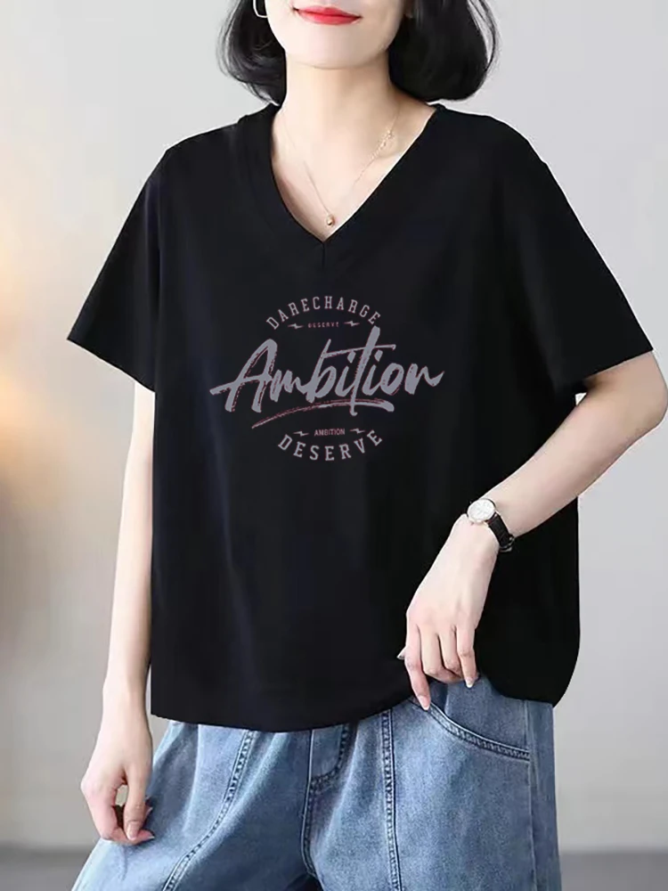 

Summer New plus Size Women's Cotton V-Neck Short Sleeve T-Shirt Loose Fit Slimming Black Heart Collar Base Shirt Casual Style