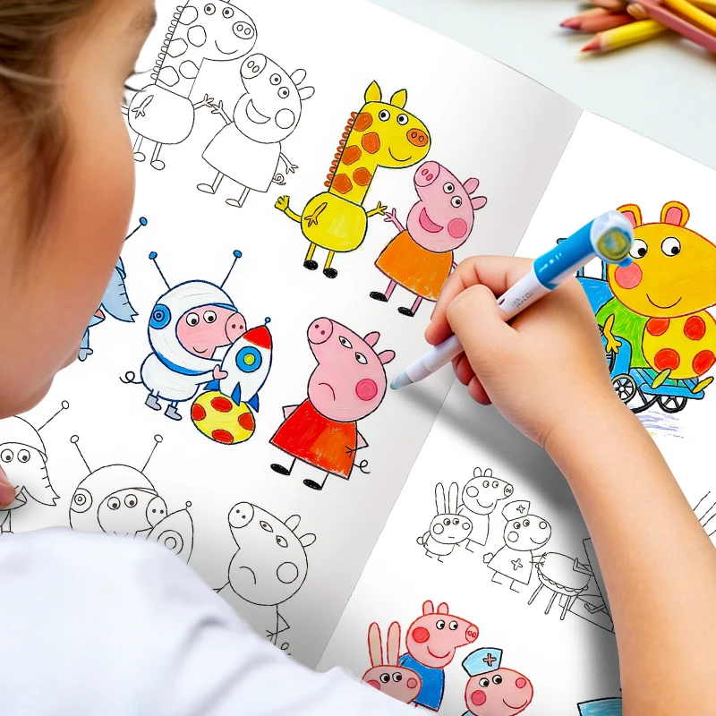 40-page Peppa Pig children's coloring book, with step-by-step instructions, color reference pictures, clear lines, handwriting e