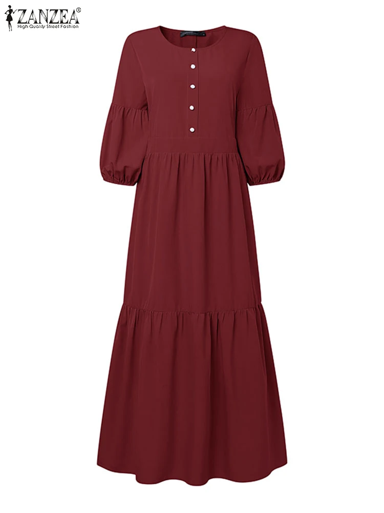 2025 Elegante Abito con maniche a lanterna ZANZEA Donne alla moda Maxi Abito lungo Estate Vestito estivo Casual Solid OL Abiti da lavoro Robe Femme