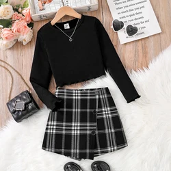 Girls' Autumn New Children's Fashion Leisure 2-piece Set Knitted Round Neck Long Sleeve+Checkered Skirt