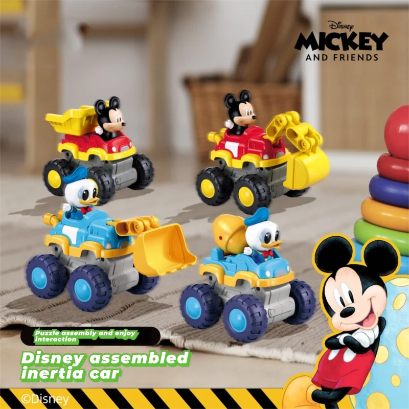 

Disney Mickey Donald Duck Large Wheel Inertia Car Anime Peripherals Dump Truck Excavator Mixer Truck Model Bricks Children's Toy