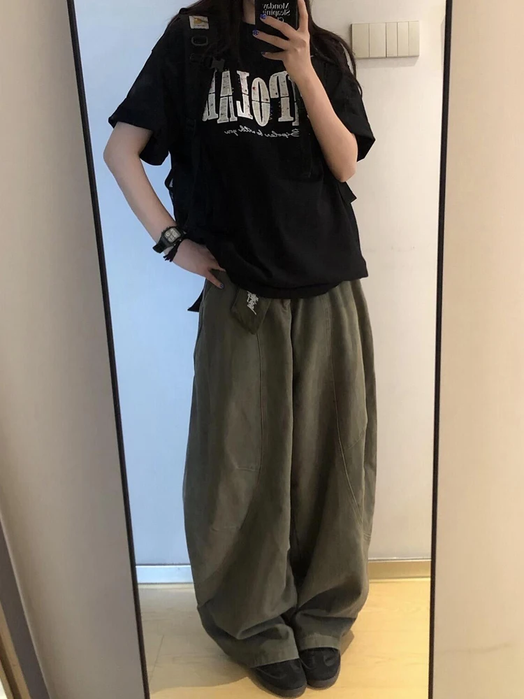American Retro Military Green Deconstructed Knife  Jeans Women Summer Loose Slimming Wide Leg Floor Length Pants