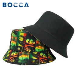 Bocca Print Bucket Hat Double Side Reversible Bob Marley Jamaican Hats Cotton Foldable Unisex Fisherman Cap Travel Sunscreen