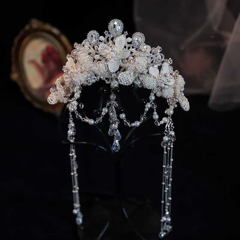 Baroque Handmade Forehead Crystal Tiara Crown Luxury Princess Queen Pearl Tiara Wedding Headdress Hair Accessories Jewelry