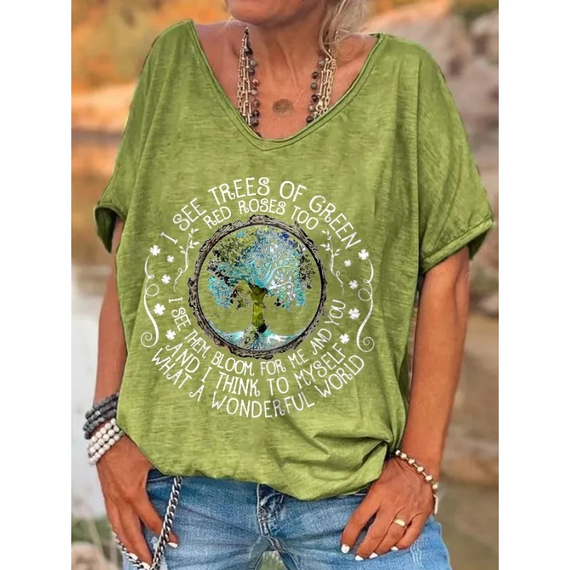 ilstile Damen-T-Shirt mit V-Ausschnitt, Hippie-Print „What A Wonderful World“, Sommer-Kurzarm-T-Shirt für Damen, Oberteile, lässige T-Shirts
