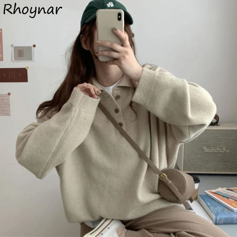 

Pullovers Women Cozy Knitted Simple Tender Lapel Sweater Vintage Maillard Stylish Casual Soft Students Personality Streetwear
