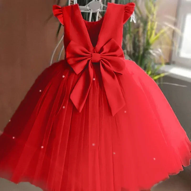 

Toddler Girl Red Christmas Tulle Dress Backless Bow Wedding Gown Kids Birthday Party Princess Dress Baby Girl Bowknot Dresses
