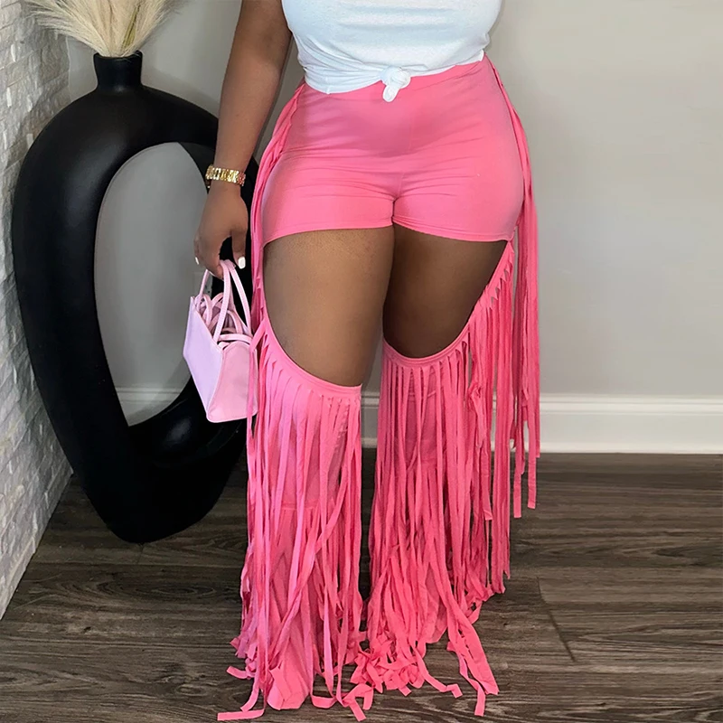 

OMSJ Pink Summer Y2K Fashion Tassel High Waist Sexy Hollowed Elastic Wrapped Hips Pants Straight Trousers 2024 Sexy Club Outfits