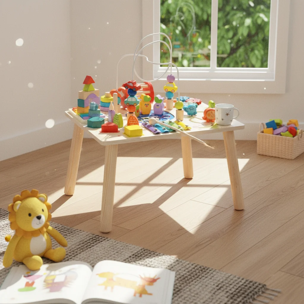 木製アクティビティテーブル、インタラクティブ幼児用アクティビティテーブル、ビーズ迷路付き家具、感覚的な天然木、幼児、プレイルーム用