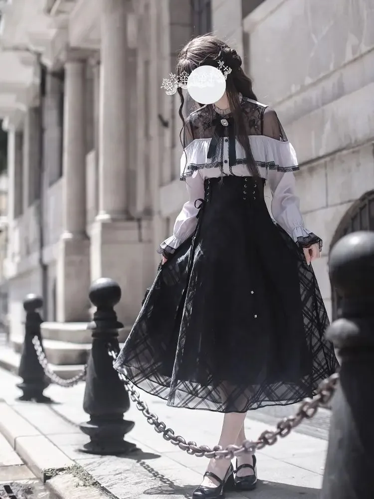 

Комплекты из двух предметов, женская одежда, лоскутная кружевная блузка с оборками и длинными рукавами, клетчатая юбка с высокой талией, модный японский костюм