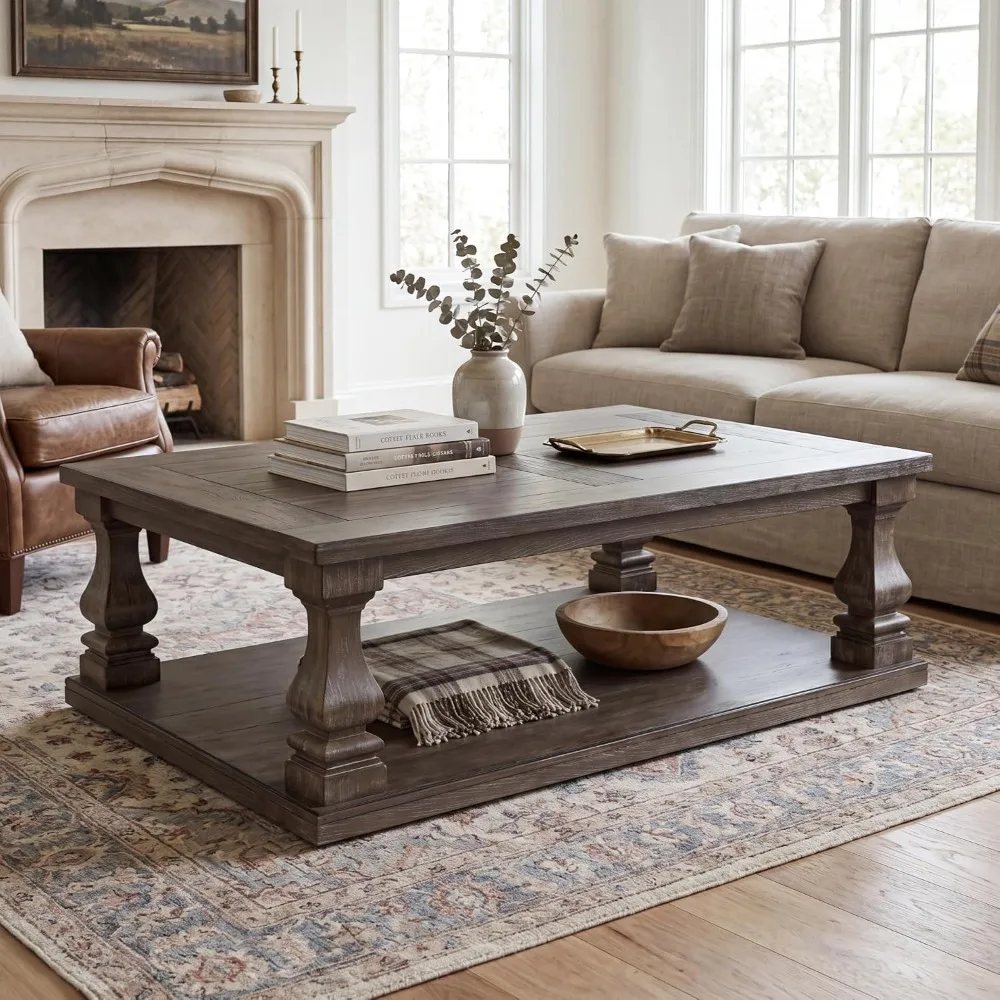 Large Farmhouse Coffee Table, Weathered Gray Wood, Rustic Living Room Center Table