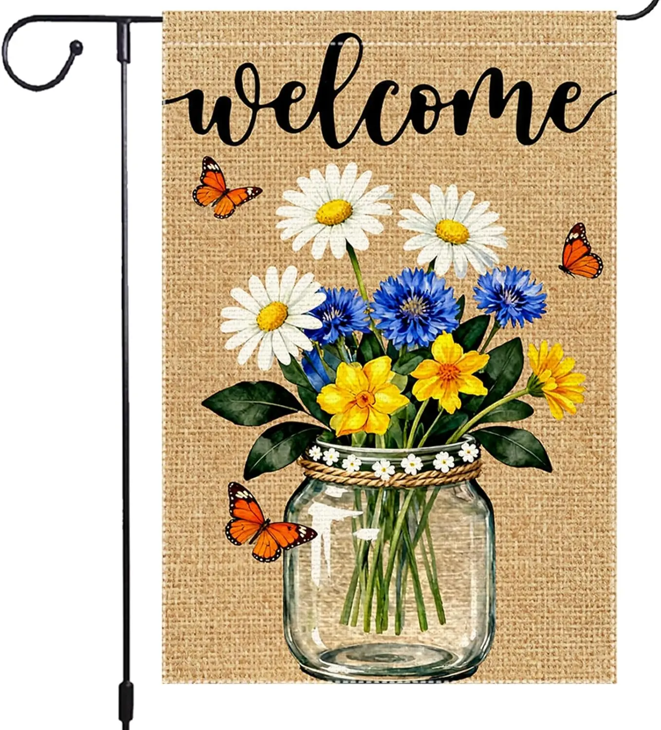 Spring Summer Garden Flag 12x18 Inch Double Sided Small Burlap Welcome Flag Watercolor Daisy Cornflower Yellow Flower Mason  AAS