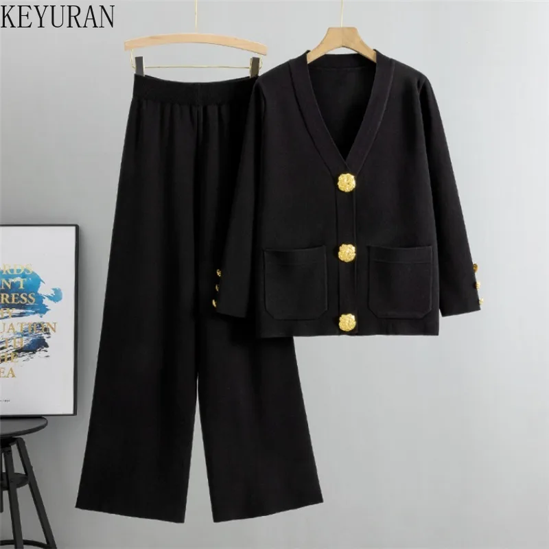 2024 Autumn Winter Knitted Set Women Casual Gold Button V-Neck Long Sleeve Sweater Cardigan Coat + Wide Leg Pants Two Piece Sets