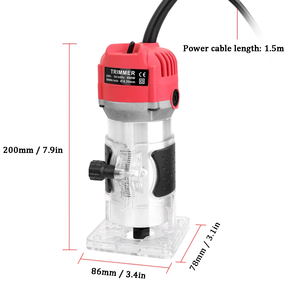 800W DIY Woodworking Electric Trimmer AC Wood Milling Engraving Slotting Trimming Machine Hand Carving Router EU Plug 6.35mm