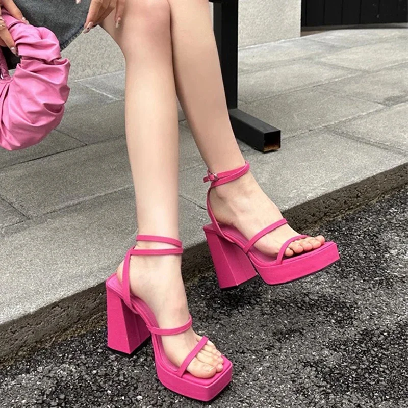 2024 Summer Platform Women Sandals Fashion Elegant Narrow Band Thick High Heel Shoes Ladies Outdoor Party Dress Sandalias