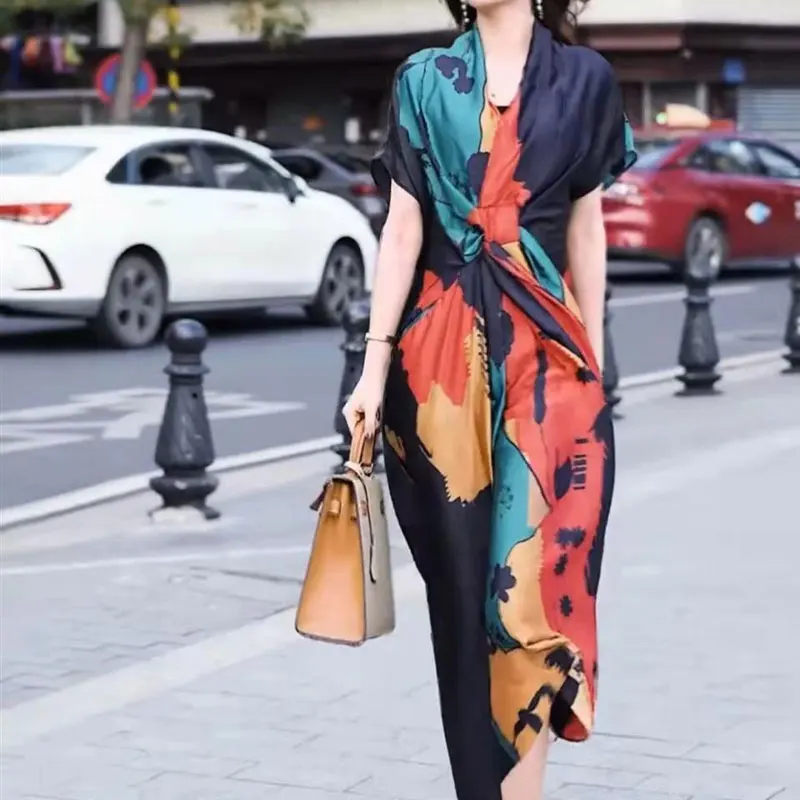 2023 Vintage Contrasting Colors Printed Midi Dress Elegant A-Line Waist Stylish V-Neck Bandage Women\'s Clothing Summer Dresses