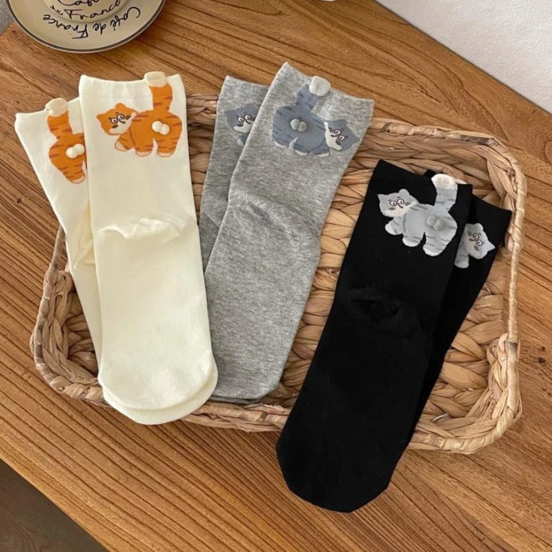 1/3 Pair Three-Dimensional Cat Printed Men female Mid Tube Socks Soft Comfortable Sweat Absorbing Breathable Casual Couples Sock - view 2