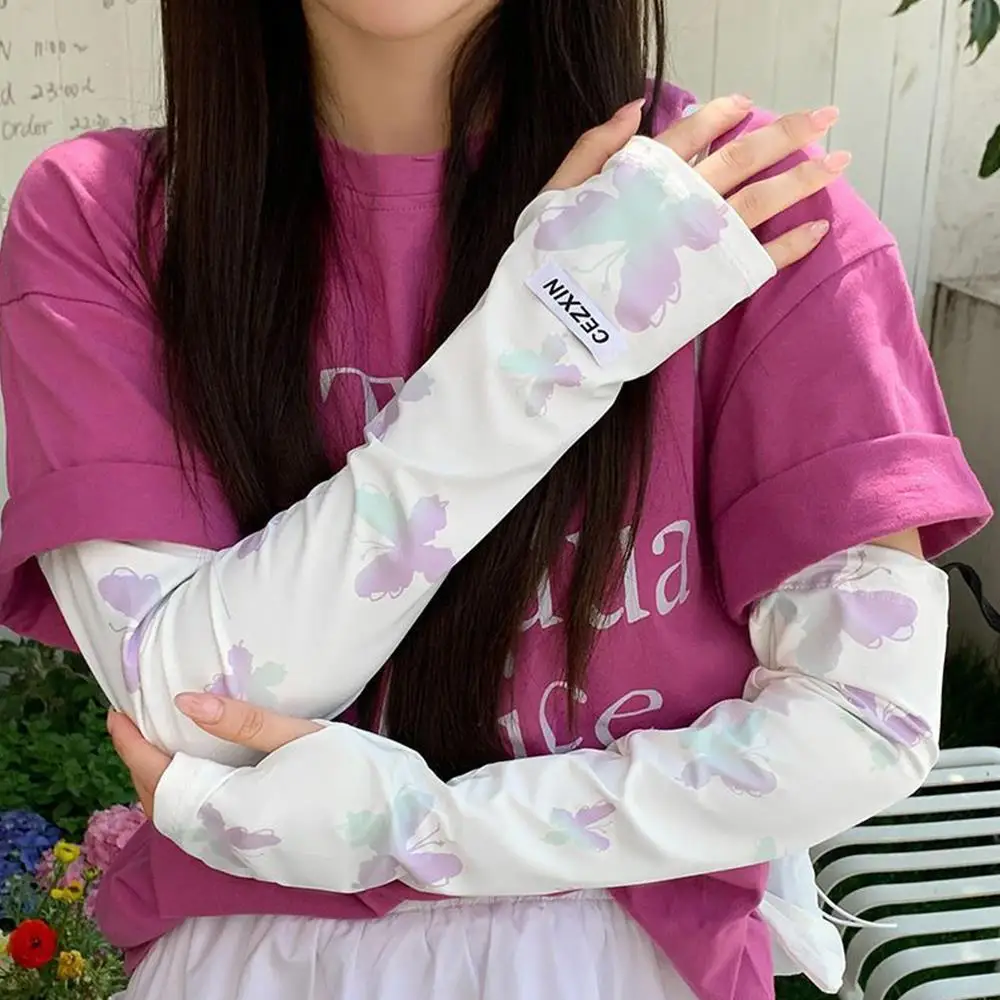 Ice Silk Sleeve Summer Sunscreen Women Butterfly Flower Print Arm Sleeves UV Protection Arm Cover Gloves for Outdoor Driving