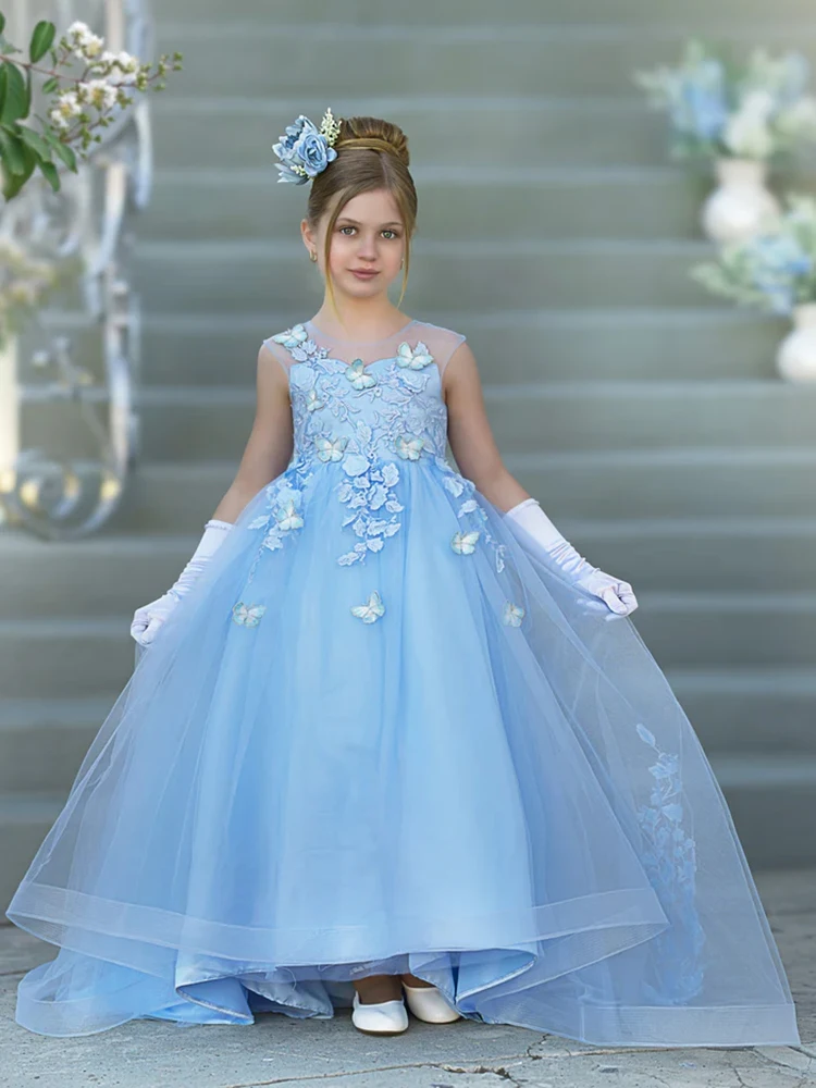 

Children's flower girl sky blue decal long dress elegant ball wedding princess dress special occasion formal occasion girl dress