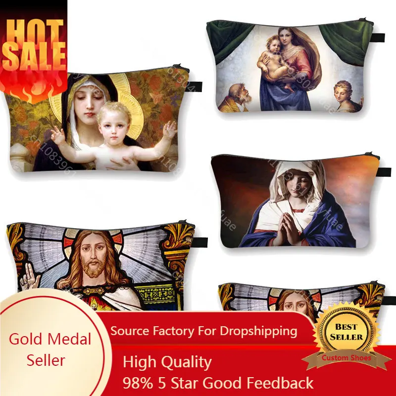 

Vintage Oil Painting Religion Jesus Makeup Bag Women's Virgin Mary Canvas Travel Portable Makeup Bag Women's Makeup Bag