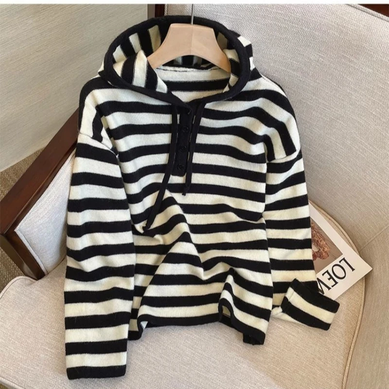 

Women's Trendy Pink & White Striped Hooded Knit Sweater - Half Button Front Drawstring Loose Fit Top, Sweet Casual Spring Autumn