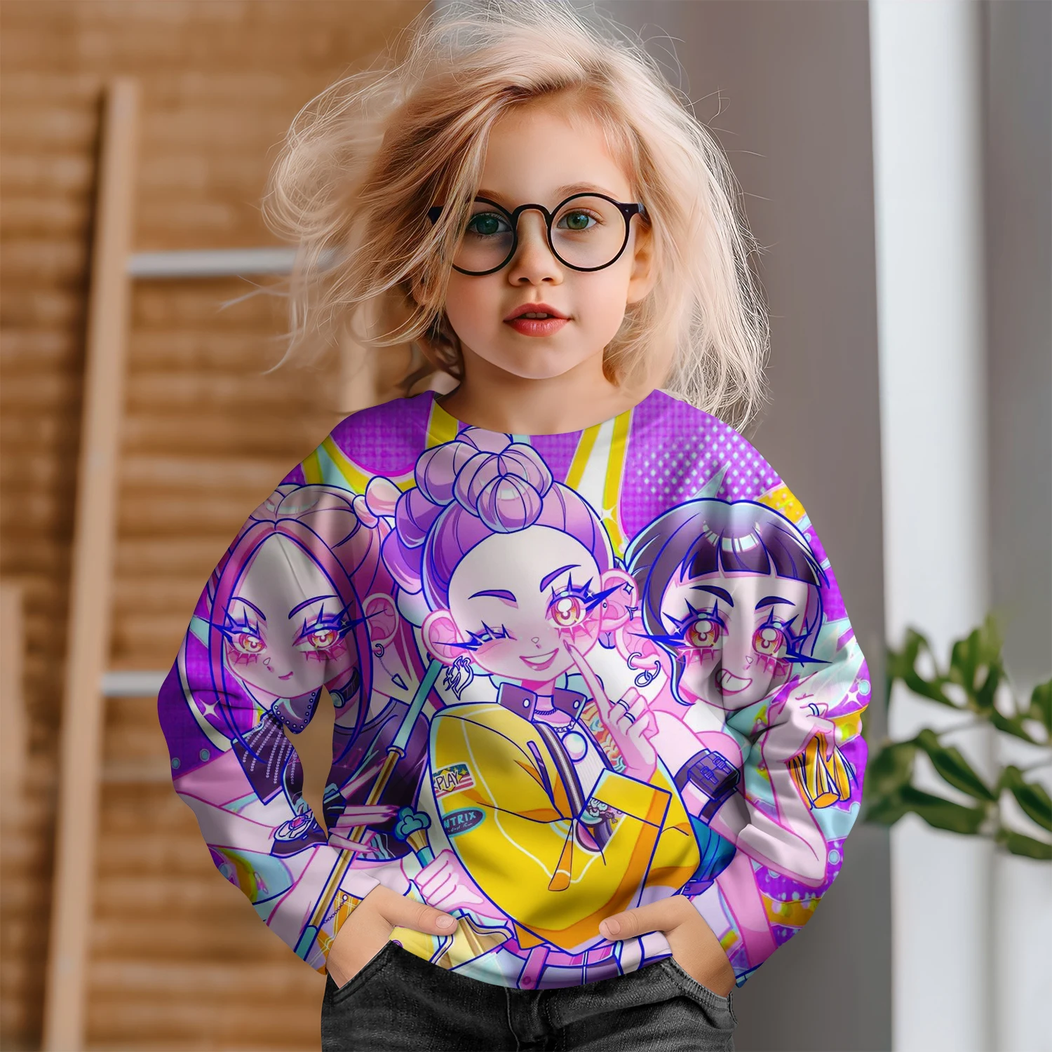

2025MINISO new children's girl long-sleeved T-shirt fashion demon hunting girl group 3D printing clothing cute trendy clothing