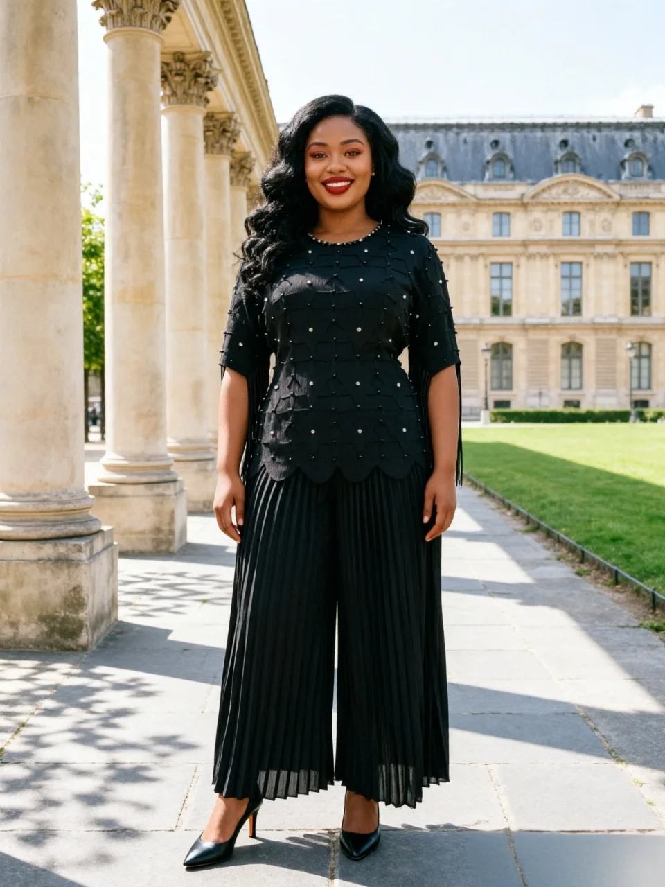Miyake Crumpled African Loose Suit Fashion Beads Temperament Elegant Top Trousers Two-piece Set