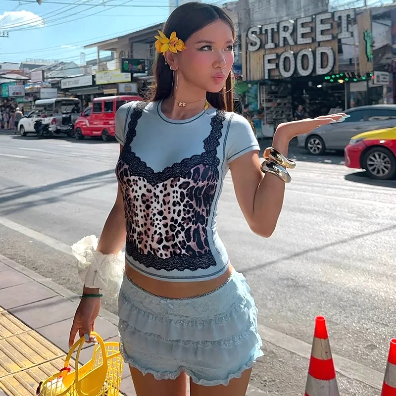 CUTENOVA женские удобные универсальные тонкие ретро леопардовые кружевные трендовые повседневные топы с короткими рукавами, новая летняя острая одежда