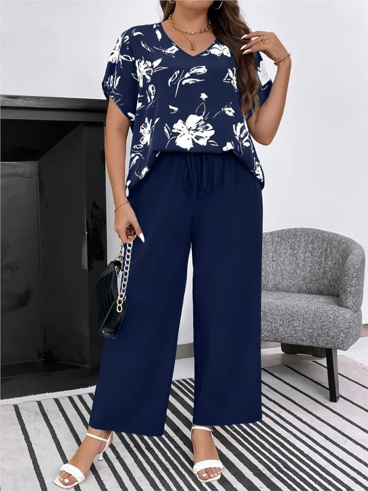 Plus Size Zomer 2 Tweedelige Set Dames Korte Mouw Bloemenprint Modis Casual Dames Blouses Losse Elastische Hoge Taille Vrouw Broek