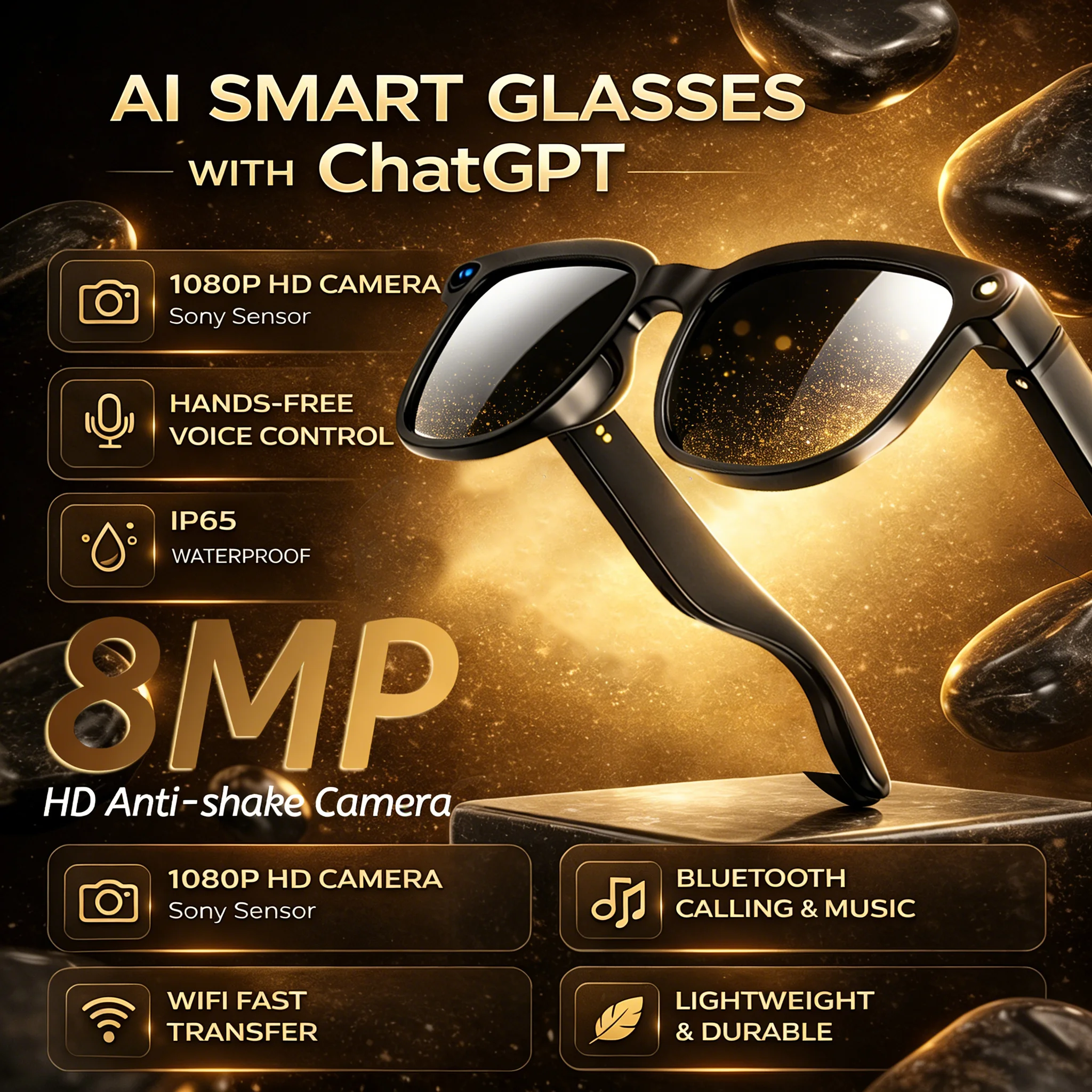 New HD 8MP Camera Smart Glasses Men 1080P Video Recording AI Voice Assistant 150+Language Translation Music Audio Call Glasses