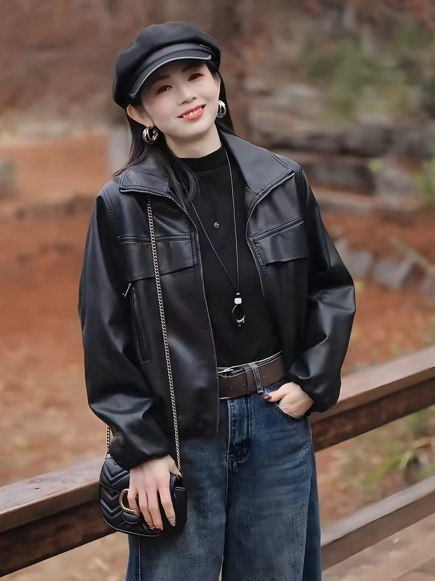 

Модная черная кожаная куртка женская демисезонная новая повседневная укороченная мотоциклетная куртка свободного кроя из искусственной кожи