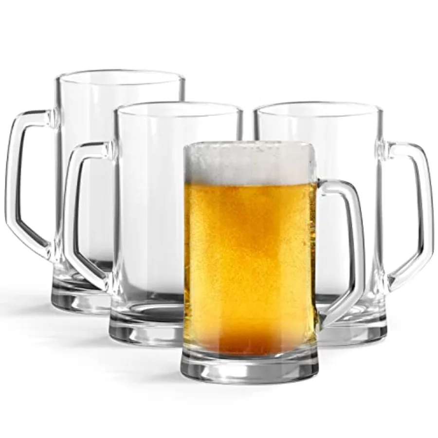 Juego de 4 tazas de cerveza grandes transparentes con asas, capacidad de 12,7 Oz, ideales para servir té, café y flotadores de raíces, tazas duraderas