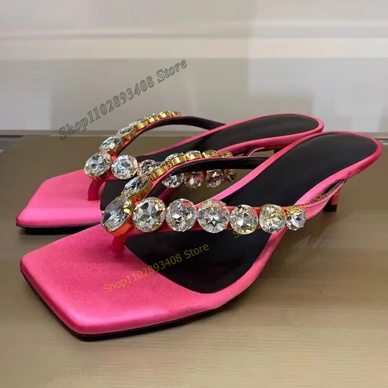 Deep Pink Crystal Flip Flops Slippers Square Toe Stilettos High Heel Slip on Women Shoes 2023 Fashion Sexy Zapatos Para Mujere