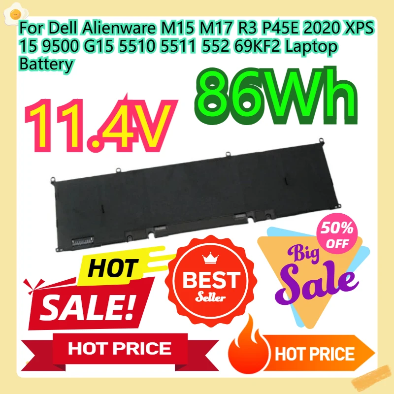 For Dell Alienware M15 M17 R3 P45E 2020 XPS 15 9500 G15 5510 5511 552 69KF2 Laptop Battery 11.4V 86Wh