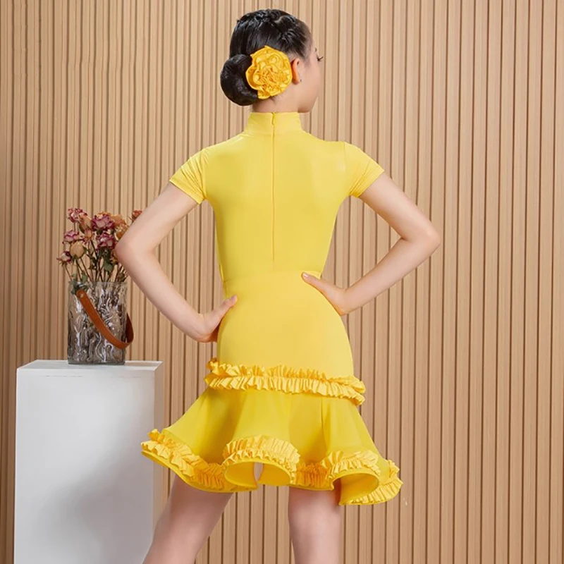 

Children's Latin Dance Dress Short Sleeve Mesh Latex Bodysuit and Ruffles Large Swing Skirts Practice Performance Costume