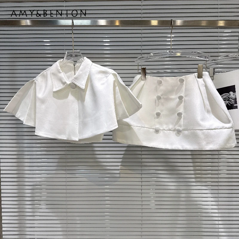

2026 Summer New Lapel Cape Women's Short Tops French Design White Loose Hight Waist Double-breasted Puffy Skirt Suits Ladies