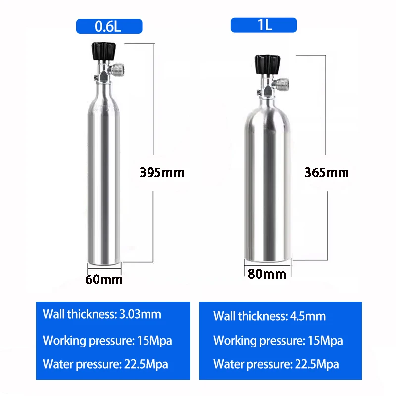 Aquarium CO2 gas cylinder, aluminum alloy high-pressure gas cylinder, fish tank CO2 inflatable gas cylinder, oxygen tank1L-0.6L