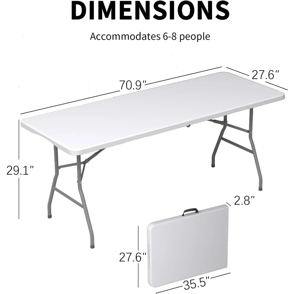 Folding Table 6FT, No Assembly Required Outdoor Picnic Table Thickened HDPE Panel, Office Foldable Table with