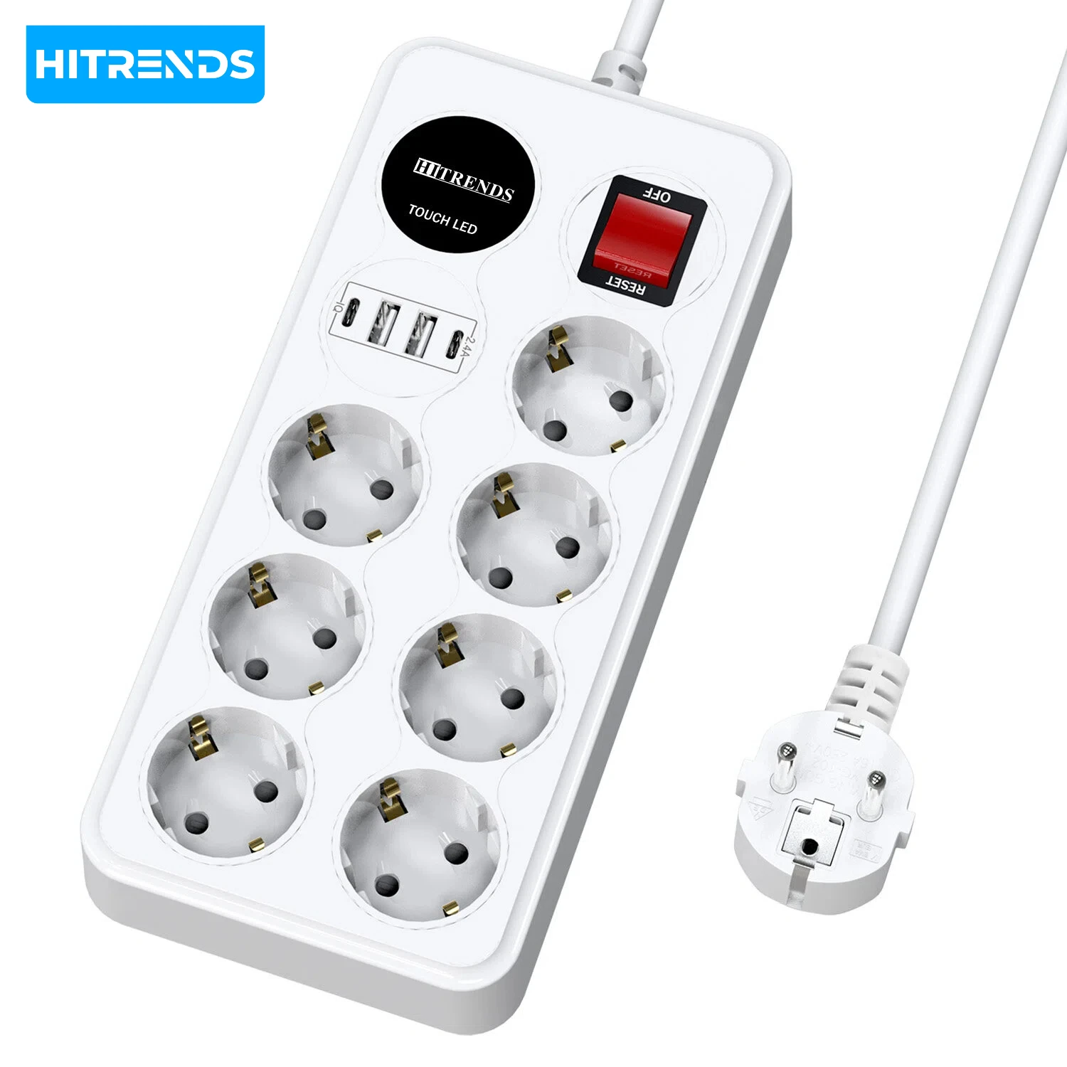 HITRENDS 11-in-1 Power Strip 2USB-C 2USB-A Touch LED Switch Overload/Surge/Short-Circuit Protection 1.8M Cord Desktop Socket
