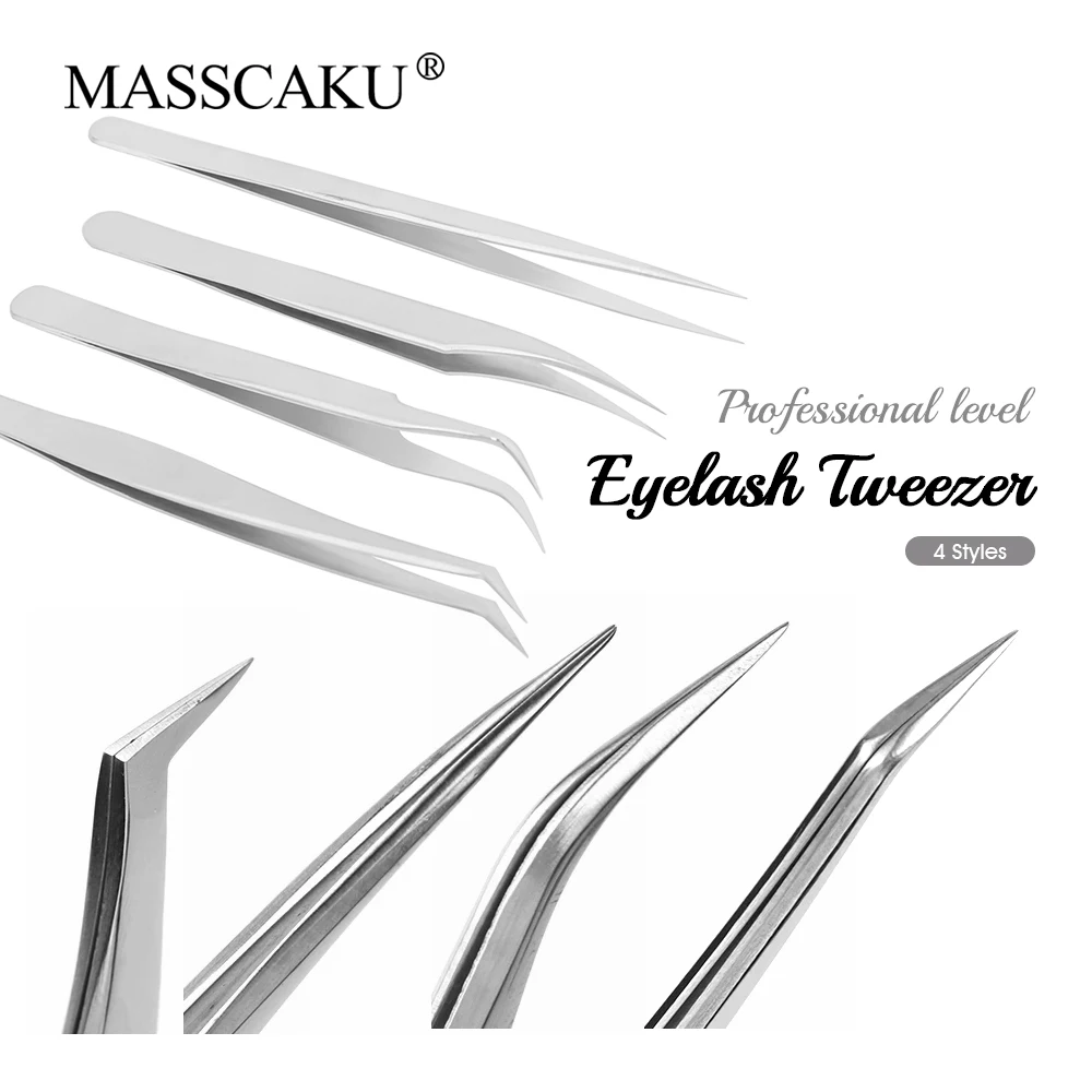 

MASSCAKU Salon Lash Extension Tweezer Silver Stainless Steel Superhard Tweezer Fiber Tips High Precision Anti-Static Makeup Tool