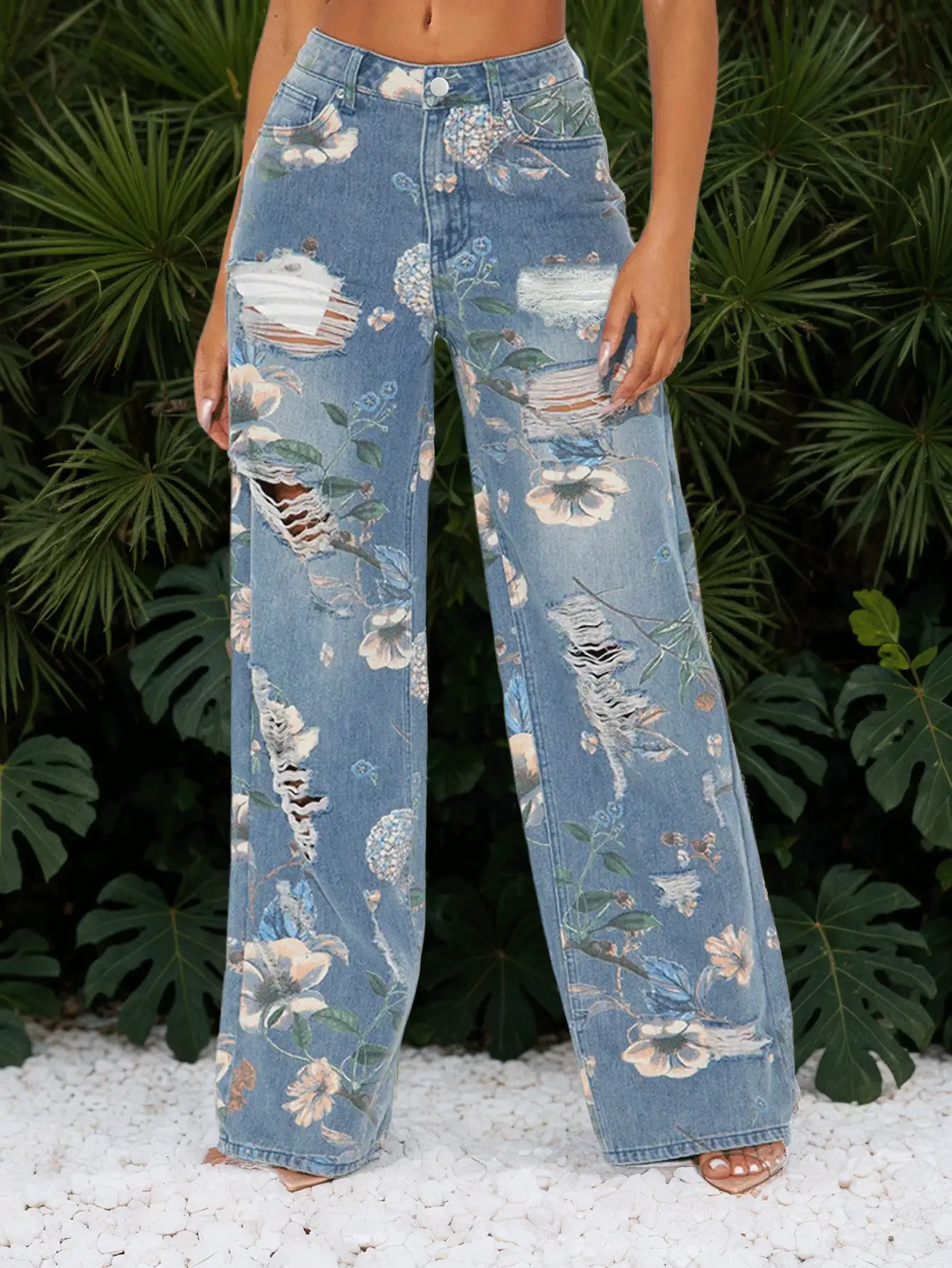 Distressed denim jeans met rechte pijpen en print voor dames - Trendy gescheurd ontwerp voor casual stijl