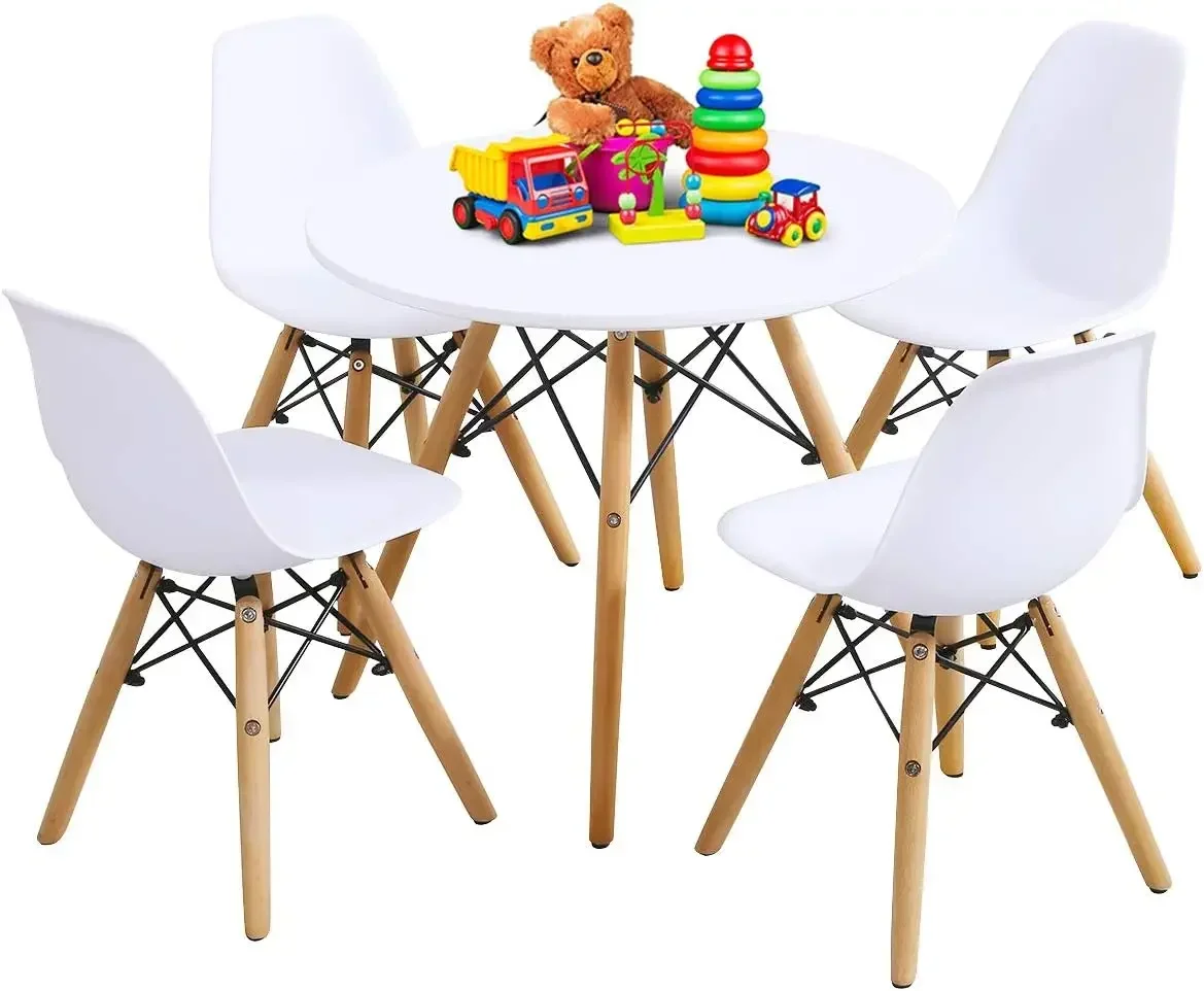 Kids Table and Chair Set, Kids Mid-Century Modern Style Table Set for Toddler Children, Kids Dining Table and Chair Set, 5-Piece