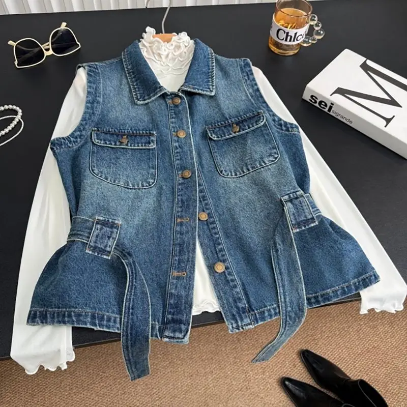 

Denim Vest 2026 Summer New Lace-up Waist Lapel Single-breasted Fashionable Casual Sleeveless Top