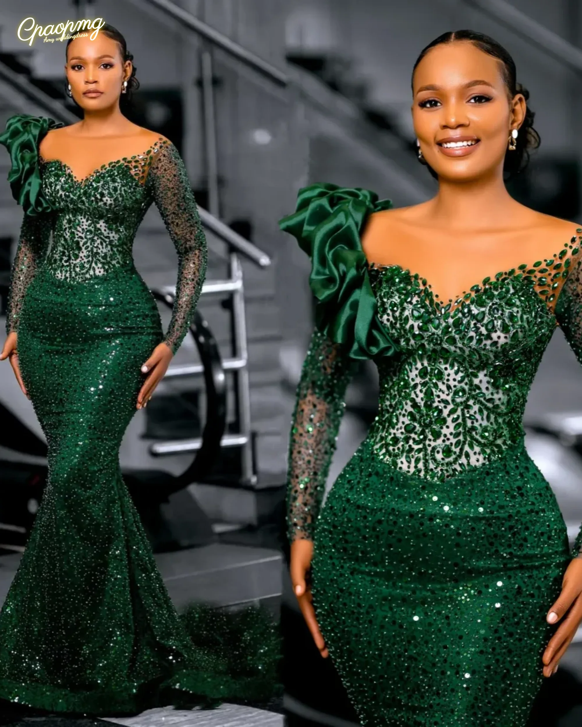 

Customized Elegant Green Glitter Mermaid Evening Dresses Lace Long Sleeve Shining Beaded Birthday Party robes de soirée
