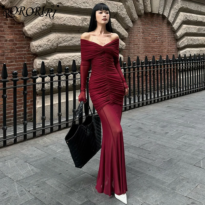 

RORORIRI Off Shoulder Ruched Long Evening Dress Women Sexy Sheer Mesh Stretchy Long Sleeves Fishtail One-piece Formal Party Gown