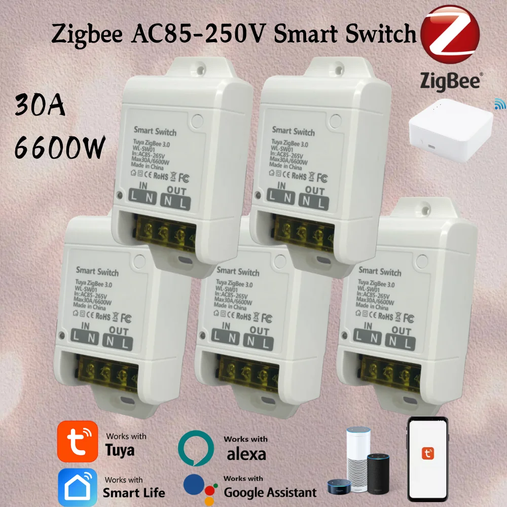

1-5 шт. Zigbee 3,0 умный переключатель 20A 30A 6600 Вт реле автоматизации умного дома Tuya Smart Life приложение пульт дистанционного управления лампа прибора