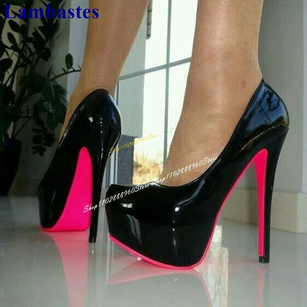 

Black Patent Leather Pink Sole Platform Pumps Stilettos High Heel Women Shoes Slip On Round Toe 2024 Fashion Zapatos Para Mujere