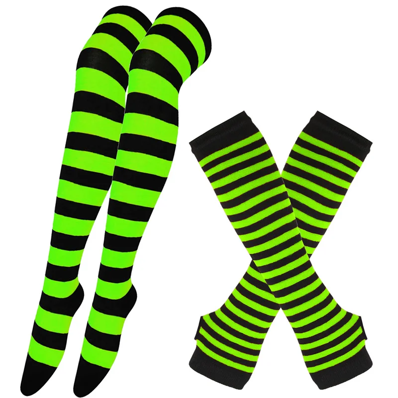 1Set Women Girls Over Knee Long Stripe Printed Thigh High Cotton Socks Arm Sleeve Gloves Anime Cosplay Stocking Glove